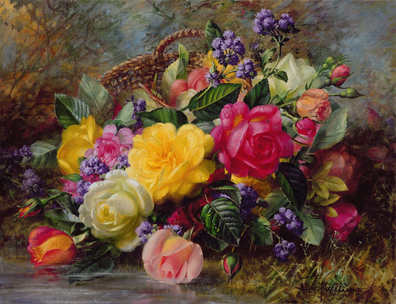 Rozen bij een vijver op een grasrijke oever door Albert Williams