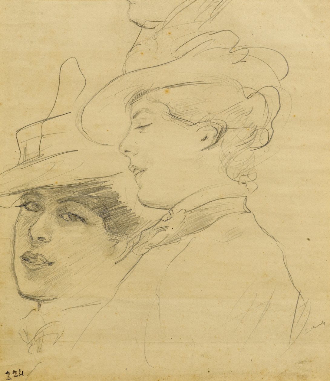 Hoofd van een vrouw met versierde hoed, profiel en driekwart zicht, ca. 1900 door Albert de Belleroche