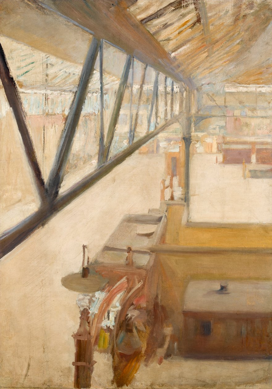 Zicht op een treinstation, ca. 1900 door Albert de Belleroche