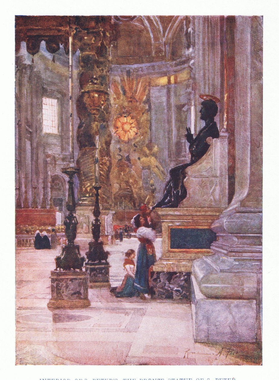 Interieur van Sint-Pieter, het bronzen standbeeld van Petrus, uit Rome gepubliceerd door A & C Black Ltd, 1925 door Alberto Pisa