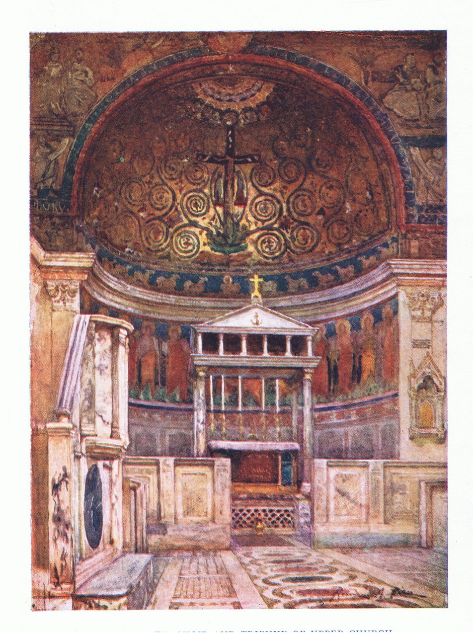 San Clemente, koor en tribune van de bovenkerk (onder is de Tempel van Mithras), uit Rome gepubliceerd door A & C Black Ltd, 1925 door Alberto Pisa