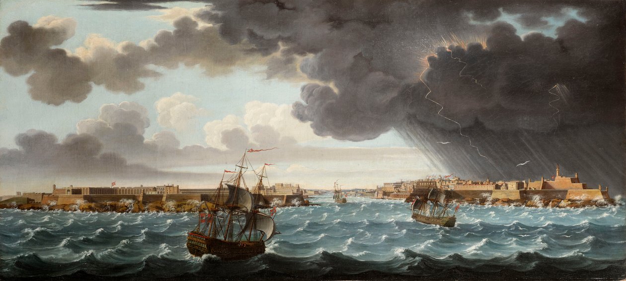 Een van een set van zeven uitzichten op Valletta, Malta en omgeving, ca. 1753 door Alberto Pullicino