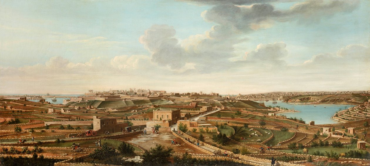 Een van een set van zeven uitzichten op Valletta, Malta en omgeving, ca. 1753 door Alberto Pullicino