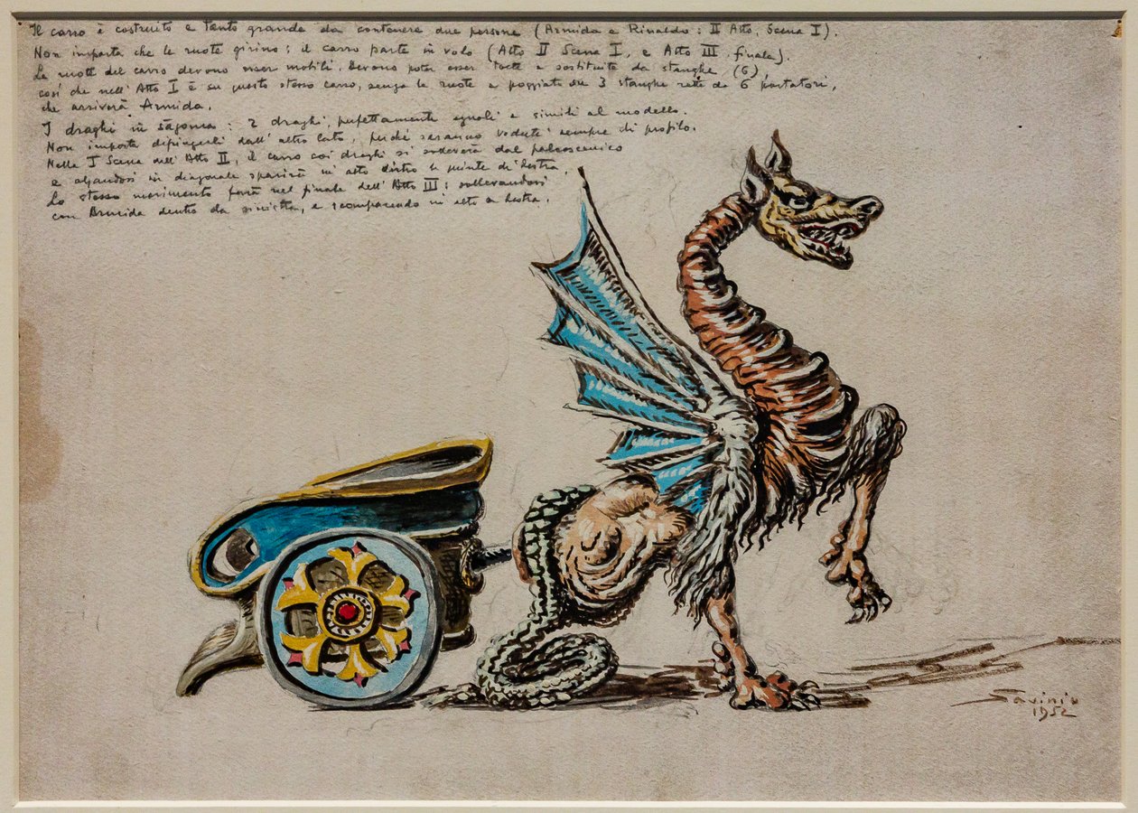 Act II, eerste scène en derde bedrijf, toneeluitrusting: De Strijdwagen van Armida voor Armida door G. Rossini door Alberto  Savinio