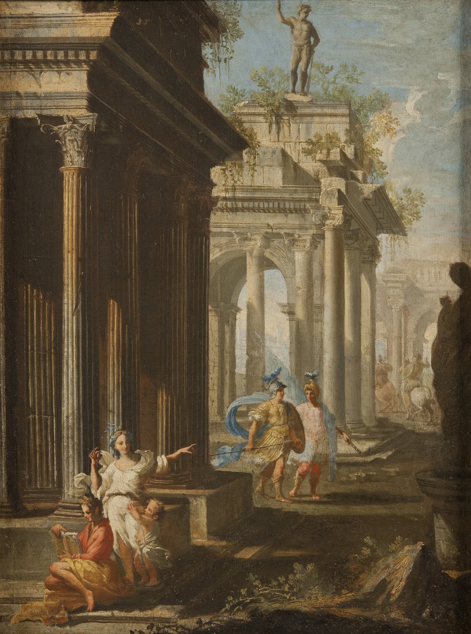 Meisje lezend bij een Korinthische tempel, ca. 1710 door Alberto Carlieri
