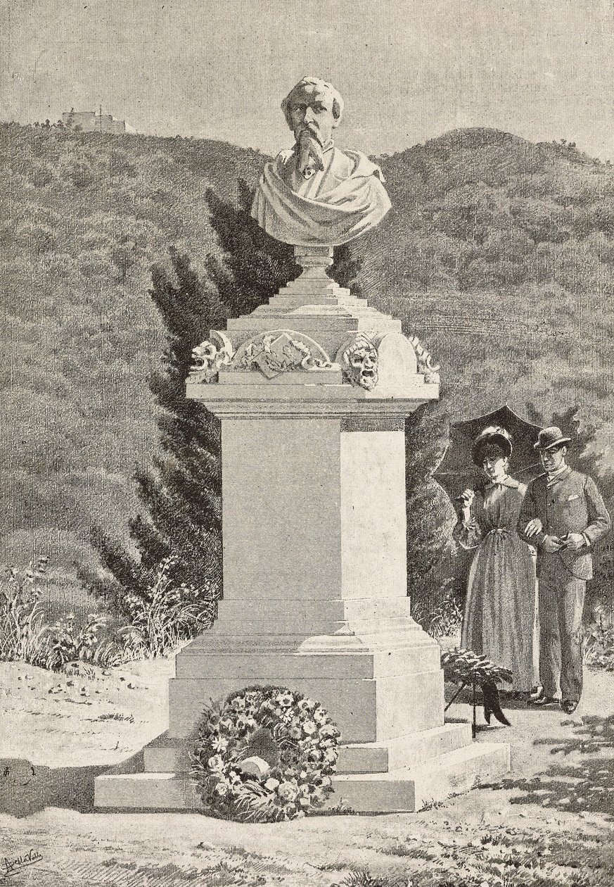 Monument voor Paolo Giacometti (1816-1882) op de begraafplaats van Staglieno, Genua, Italië, gravure naar tekening van Alberto della Valle, uit L