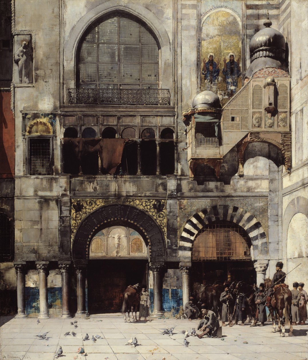 Circassische Cavalerie Wachtend op hun Commandant bij de Deur van een Byzantijns Monument, Herinnering aan het Oosten door Alberto Pasini