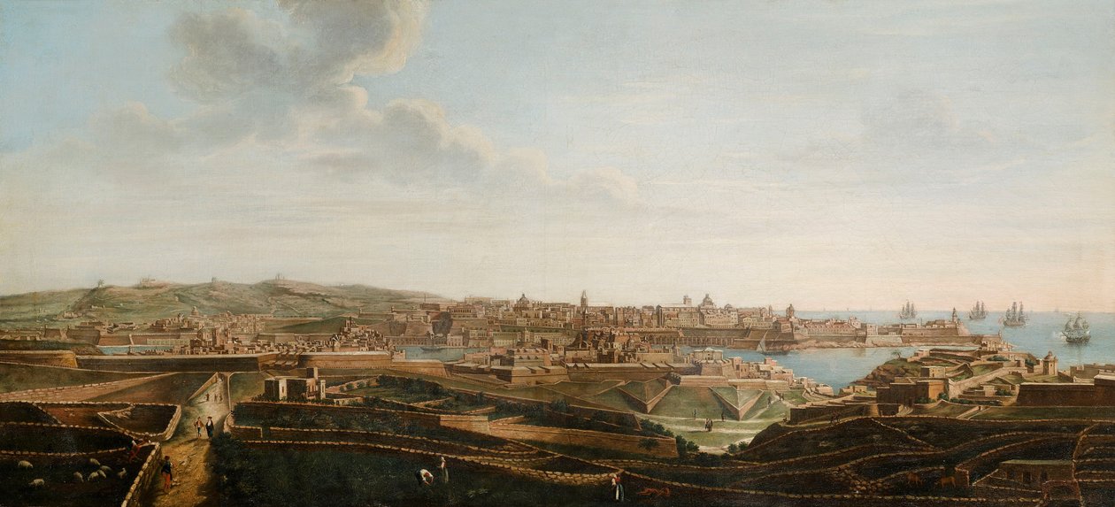 Een van een set van zeven uitzichten van Valletta, Malta en omgeving, ca. 1753 door Alberto Pullicino