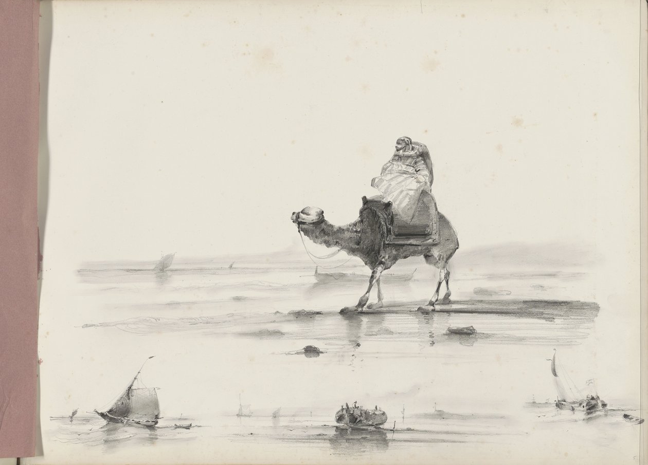Man rijdend op een kameel langs een kust door Albertus van Beest