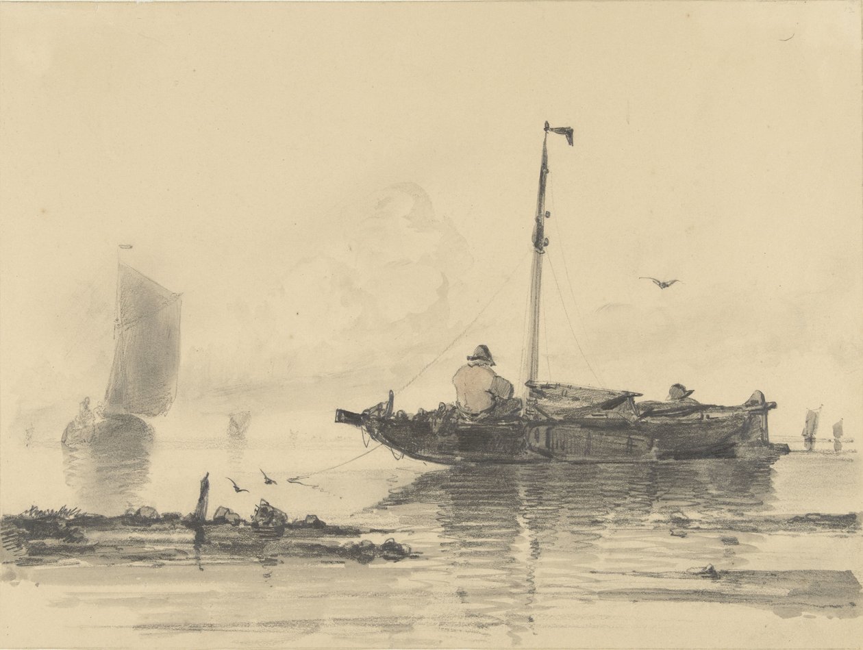 Twee mannen in een bootje op kalm water door Albertus van Beest