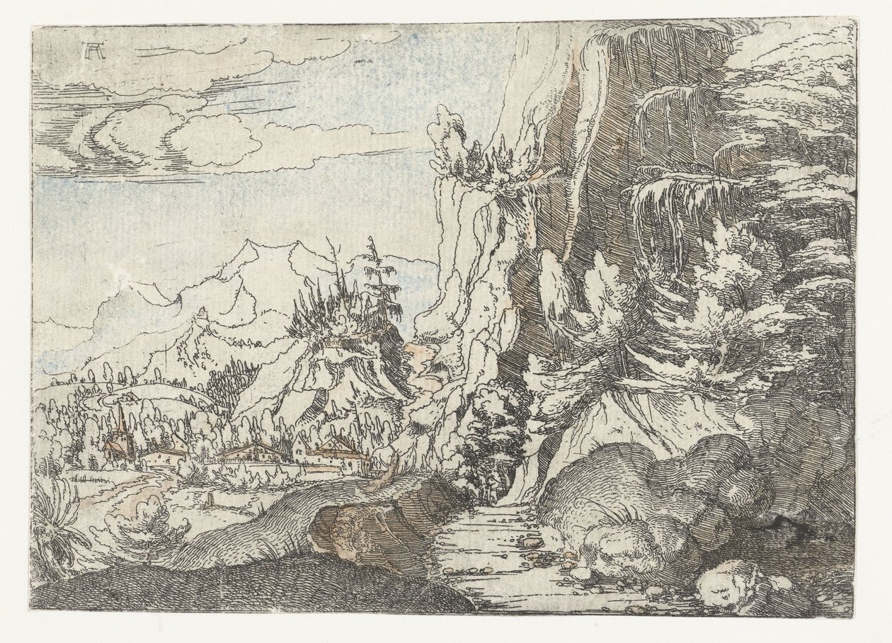 Landschap met een beschaduwde klif door Albrecht Altdorfer