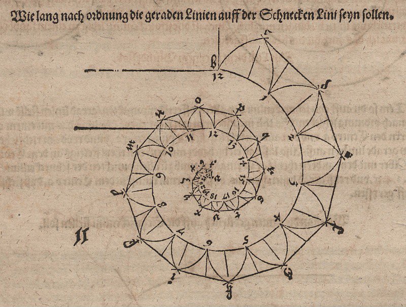 Bepaling van de lengtes van de opgezette stekels van een tangens-spiraal door Albrecht Dürer