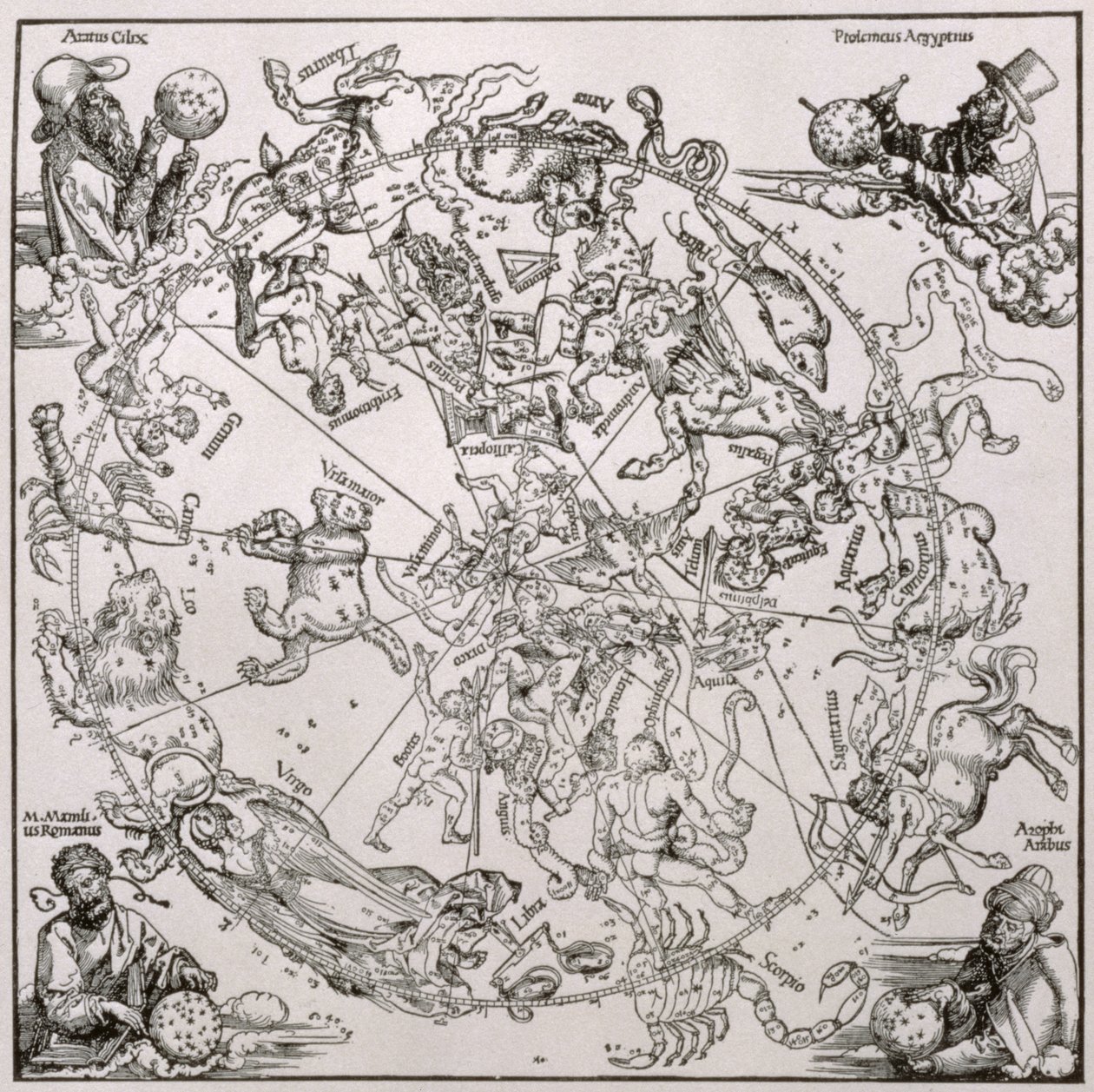 Kaart van de Noordelijke Hemel met voorstellingen van de sterrenbeelden door Albrecht Dürer