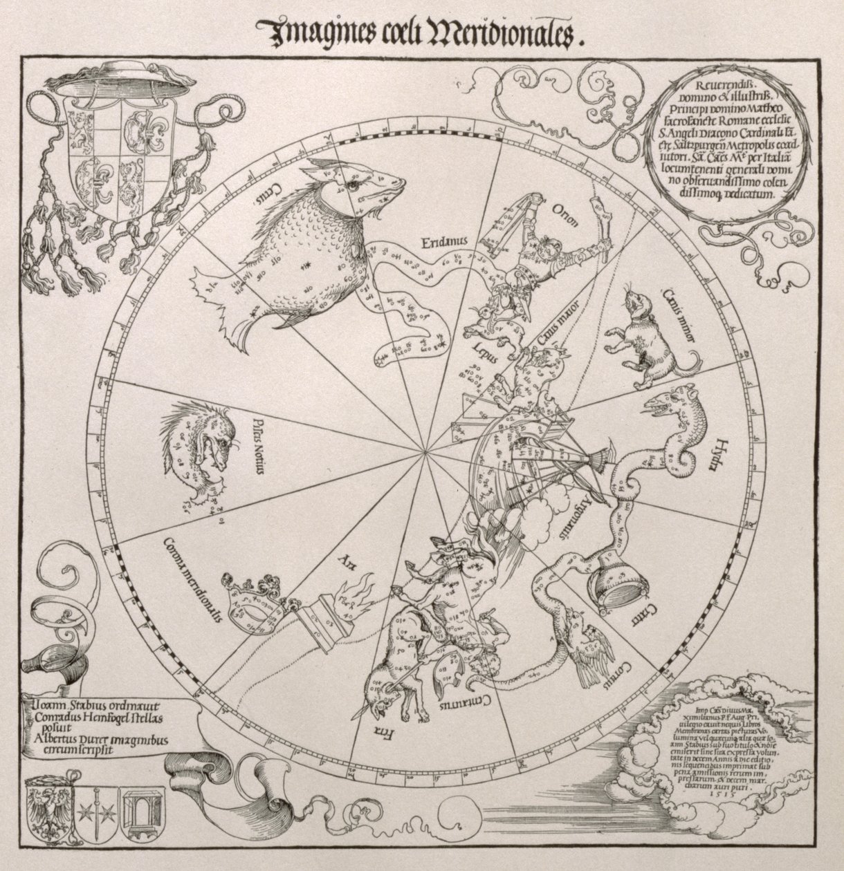 Kaart van de Zuidelijke Hemel, met voorstellingen van sterrenbeelden, versierd met het wapen van Kardinaal Lang von Wellenburg, en een toewijding aan hem met zijn wapenschilden en het Keizerlijk copyright, 15 door Albrecht Dürer