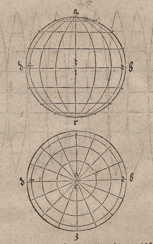 Polyedrische bol met meridianen en breedtecirkels door Albrecht Dürer