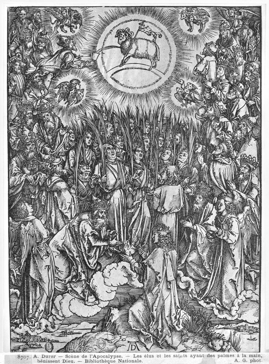 Scène uit de Apocalyps, Aanbidding van het Lam, Duitse editie, 1498 door Albrecht Dürer