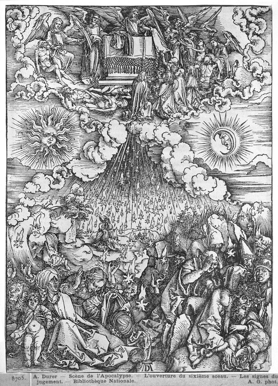 Scène uit de Apocalyps, De opening van het vijfde en zesde zegel, Latijnse editie, 1511 door Albrecht Dürer