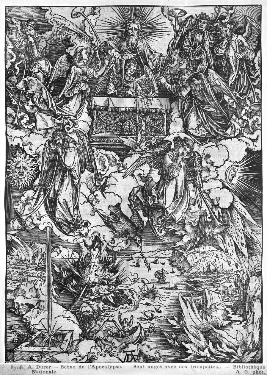Scène uit de Apocalyps, Het Openen van het Zevende Zegel, De Zeven Engelen met de trompetten, Latijnse editie, 1511 door Albrecht Dürer