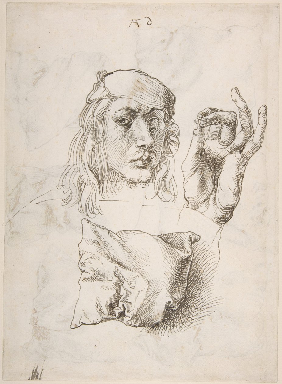 Zelfportret, studie van een hand en een kussen door Albrecht Dürer