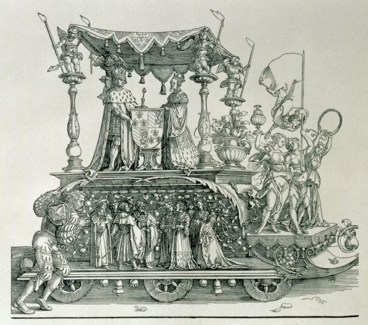 Het Bourgondische huwelijk of de triomftocht van keizer Maximiliaan I van Duitsland (1459-1519) met de huwelijkswagen van Maximiliaan en Maria van Bourgondië (1458-82) bestuurd door de figuur van Vic door Albrecht Dürer