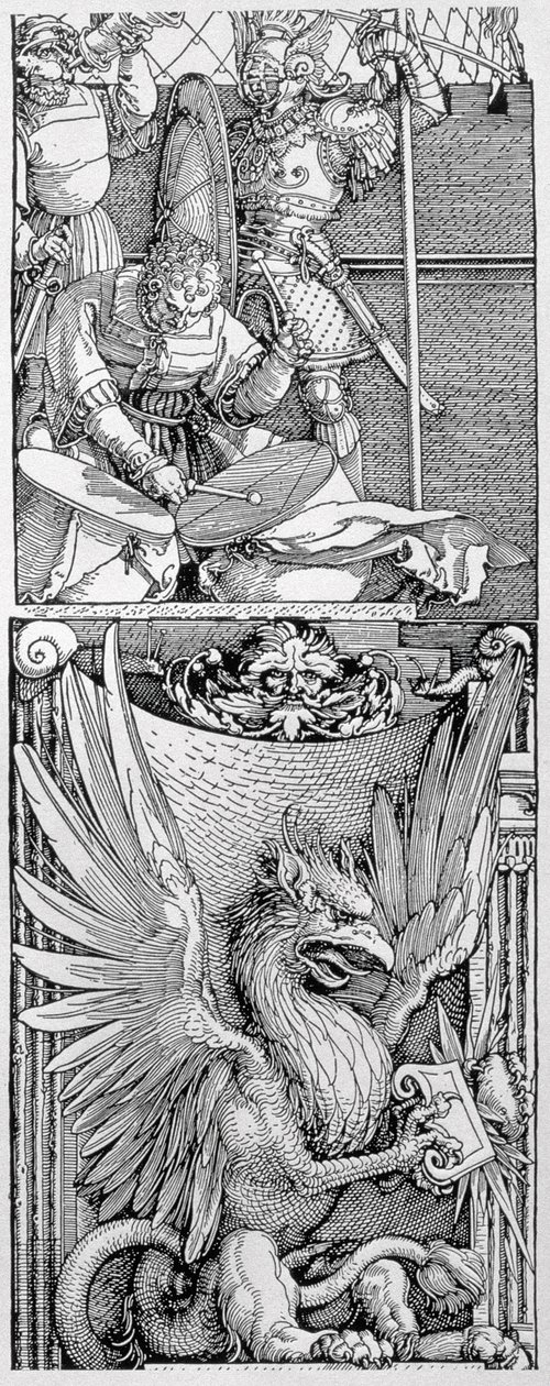 De Triomfboog van Keizer Maximiliaan I (1459-1519): detail van zuilversiering met een gevleugelde griffioen onder een figuur die twee trommels slaat, een ridder in harnas en een heraut, gedateerd 1515, pub. 151 door Albrecht Dürer