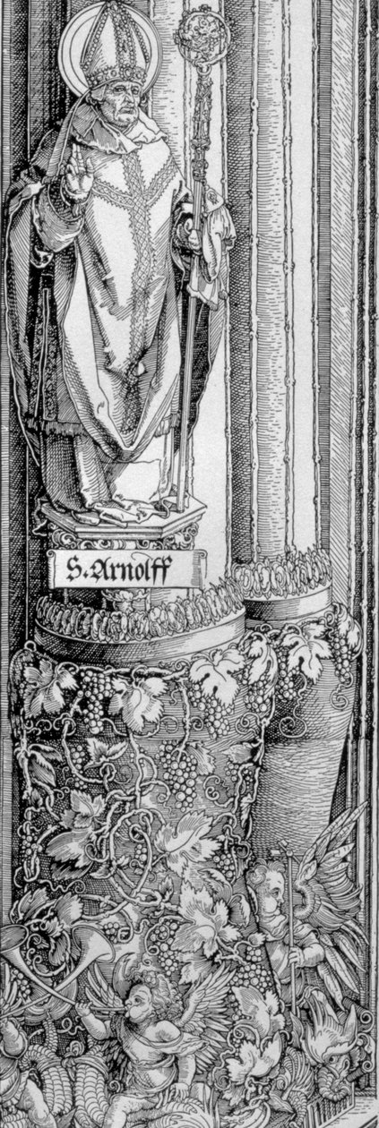 De Triomfboog van Keizer Maximiliaan I van Duitsland (1459-1519): detail van kolom van linkerpoort met standbeeld van St. Arnulf (d.643) met een wijnstok eronder en cherubijnen die trompetten blazen door Albrecht Dürer