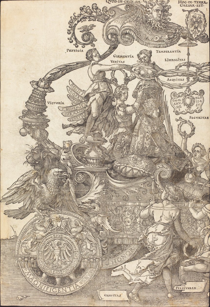 De triomfwagen van Maximiliaan I (De grote triomfwagen) [plaat 1 van 8] door Albrecht Dürer