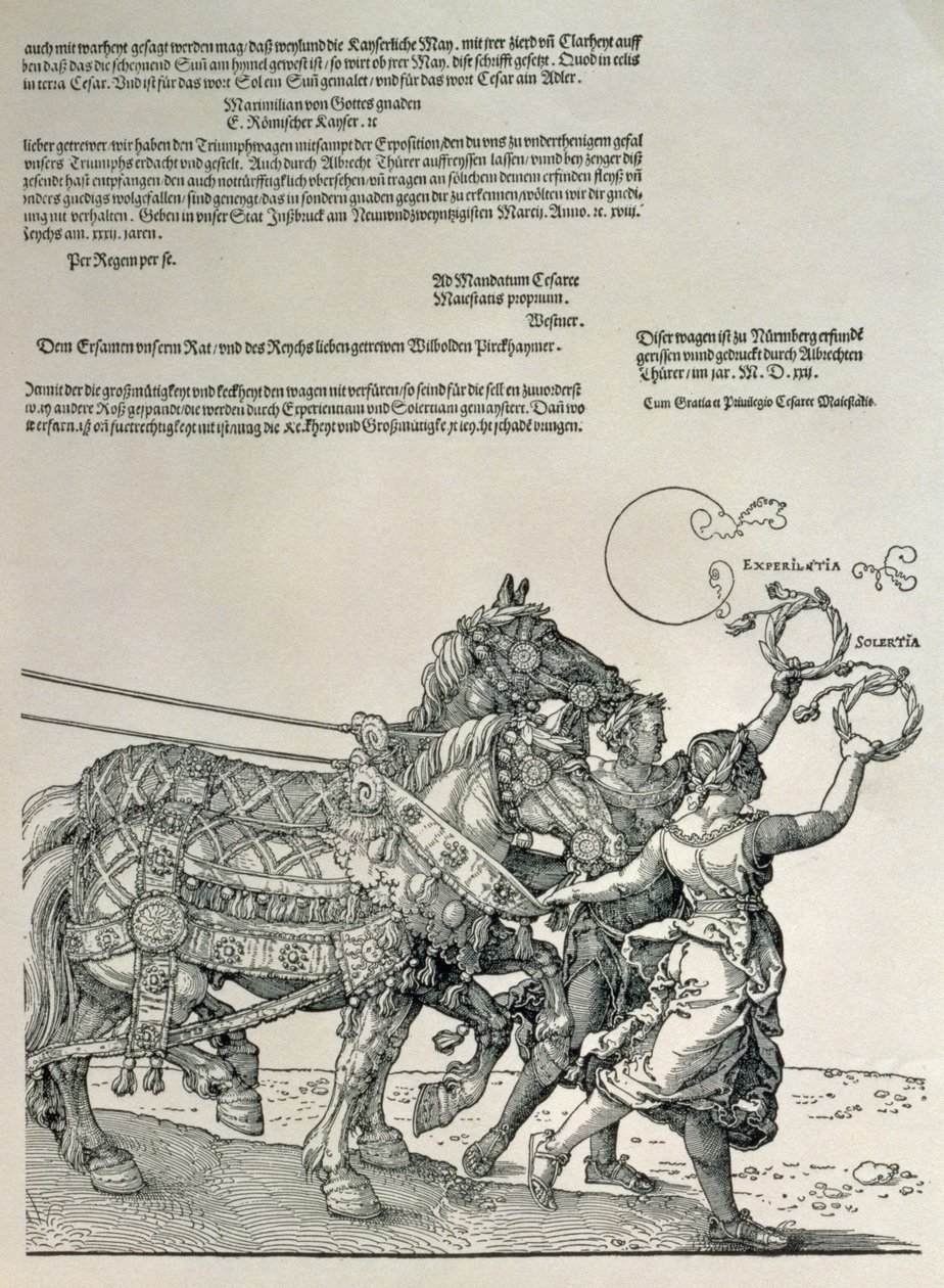 Triomfwagen van keizer Maximiliaan I, keizer van Duitsland (1459-1519): detail van de paardenteams, geleid door twee deugden, ijver en inspanning, pub. ca. 1518 door Albrecht Dürer