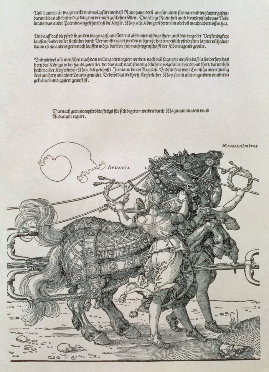 Triomfwagen van Keizer Maximiliaan I van Duitsland (1459-1519): detail van de paardenteams, geleid door twee Deugden, Grootmoedigheid en Durf door Albrecht Dürer