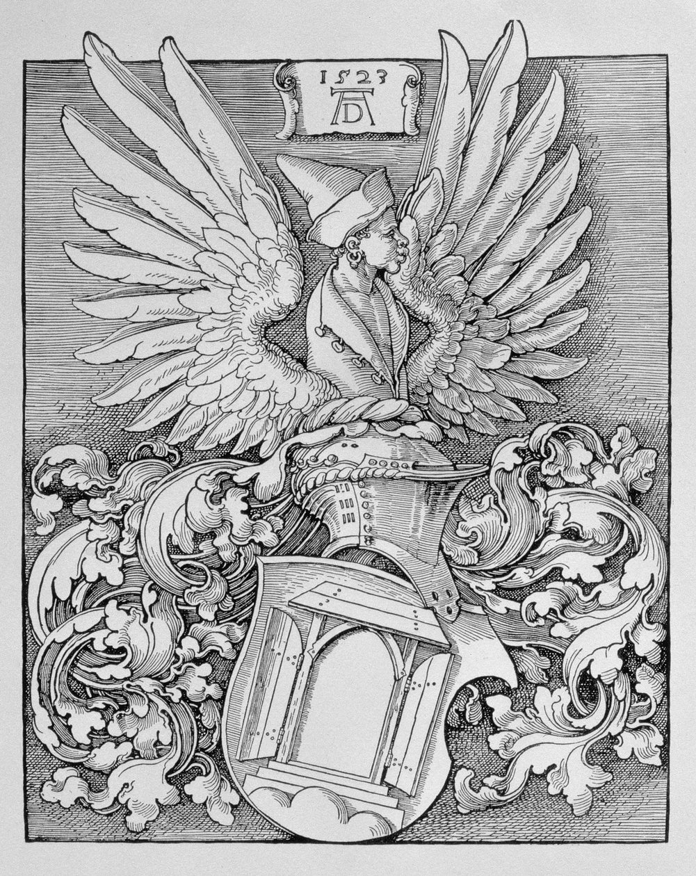 Wapen van de familie Dürer, met het monogram van de kunstenaar en ruimte voor een inscriptie, 1523 door Albrecht Dürer