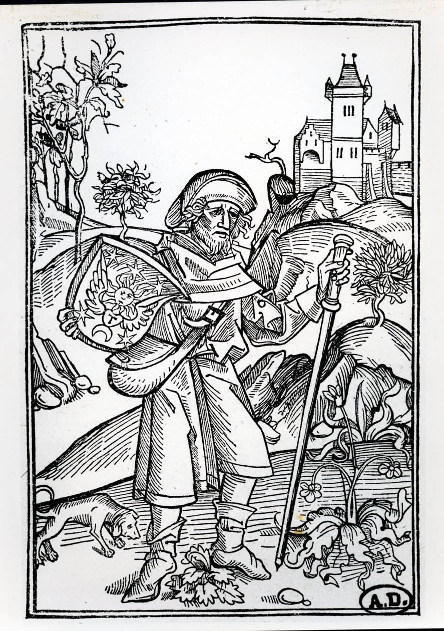 De pelgrim met zijn hond voor een kasteel, frontispice illustratie van het tweede deel van de Opera van Johannes Gerson, uitgegeven in Basel, 1489 door Albrecht Dürer