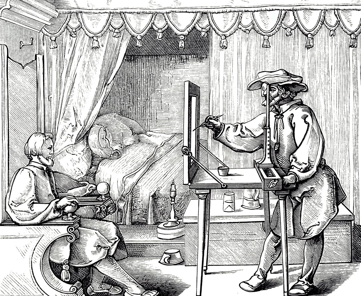 Houtsnede van een kunstenaar die een hulpmiddel gebruikt om de verhoudingen van een portret correct te krijgen. Gravure door Albrecht Dürer door Albrecht (after) Durer or Duerer