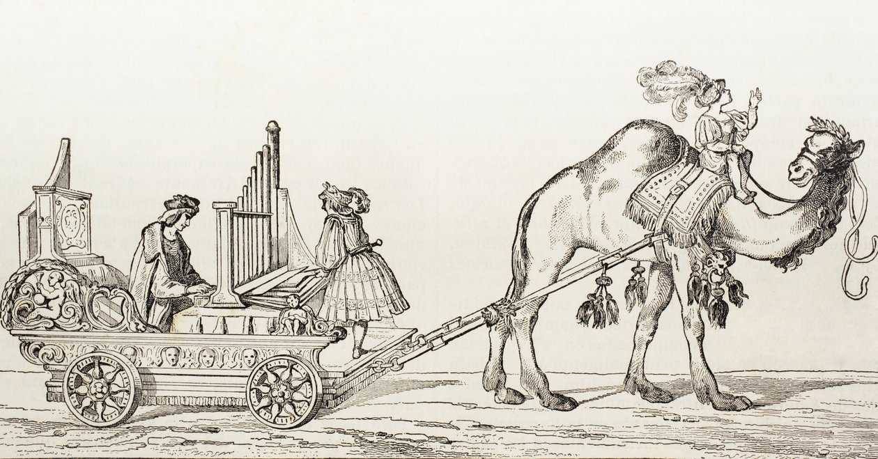 De organist Paul Hoffaner speelt in een koets getrokken door een kameel (gravure) door Albrecht (after) Durer or Duerer