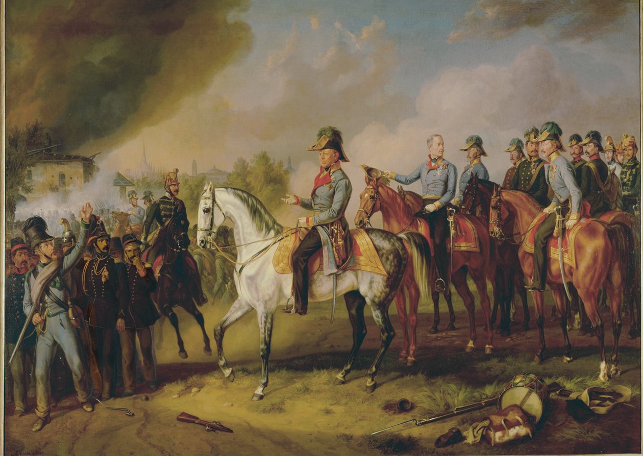 Veldmaarschalk Johann Joseph Wenzel Radetzky en zijn generale staf voor Milaan ... (schilderij op doek) door Albrecht Adam