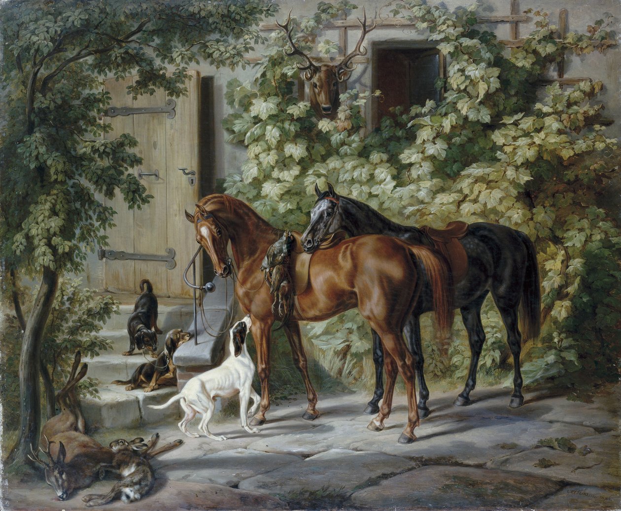 Paarden op de veranda door Albrecht Adam