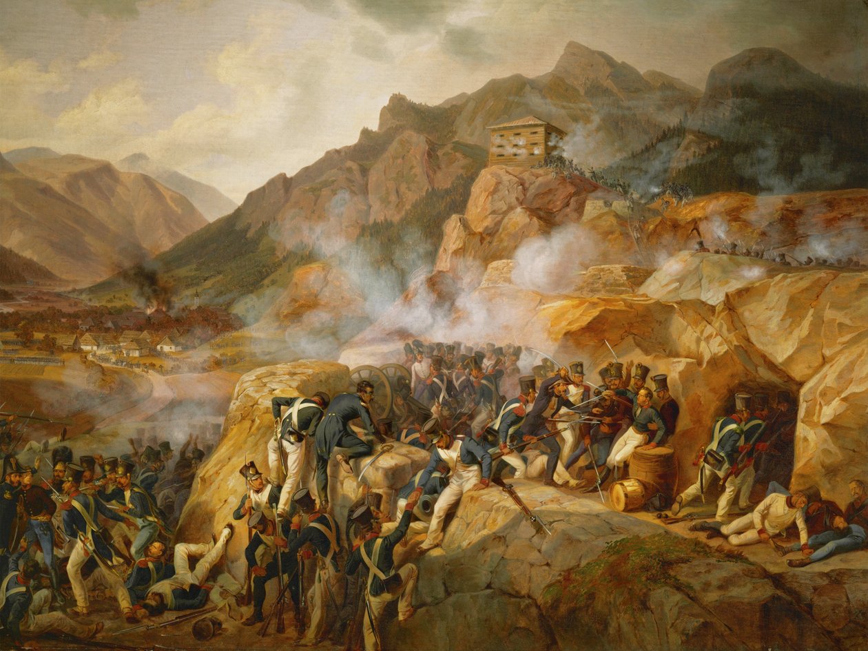 Napoleons troepen vallen de Oostenrijkse bunker van Malborget aan, Zuid-Tirol ... (olieverf op doek) door Albrecht Adam