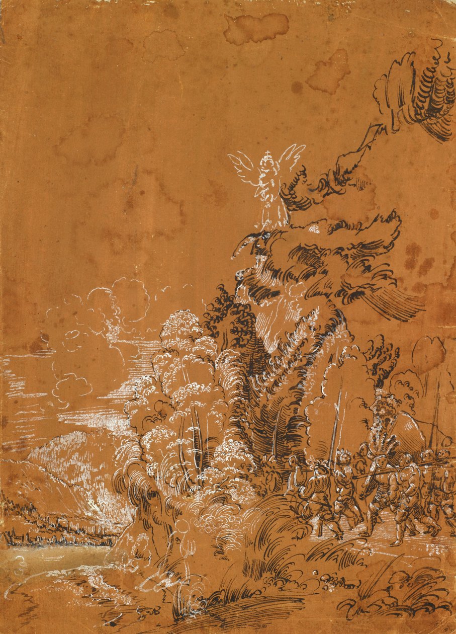 Boslandschap met engelen en huurlingen door Albrecht Altdorfer