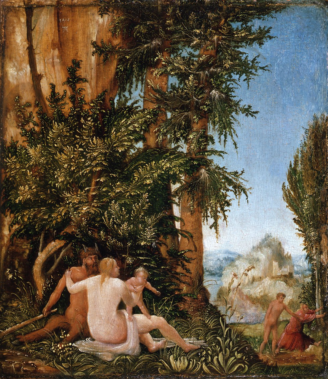 Landschap met een satyrfamilie door Albrecht Altdorfer