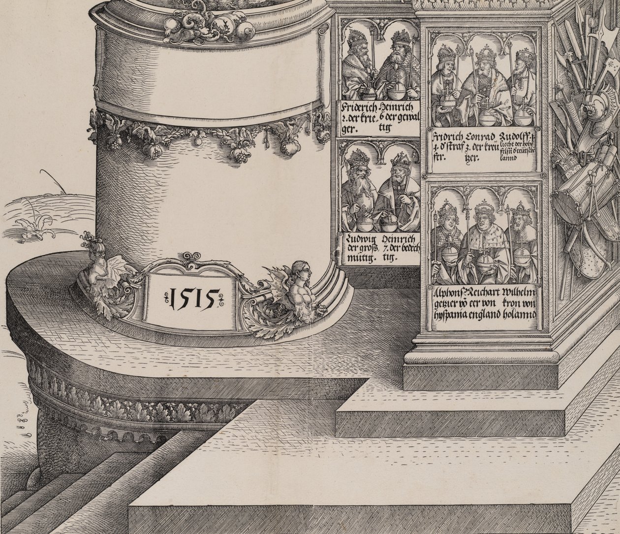 Portretten van Maximiliaans familieleden, en de basis van de linker buitenkolom met de datum 1515 door Albrecht Altdorfer