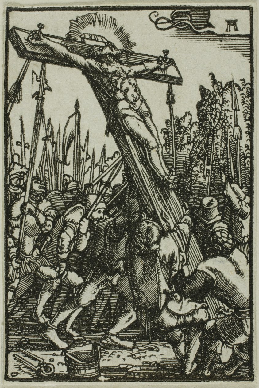 Het oprichten van het kruis, uit De val en verlossing van de mens door Albrecht Altdorfer