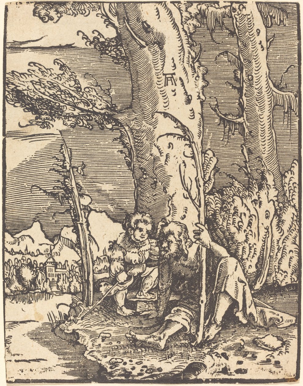 Sint Christoffel Zittend aan een Rivieroever door Albrecht Altdorfer