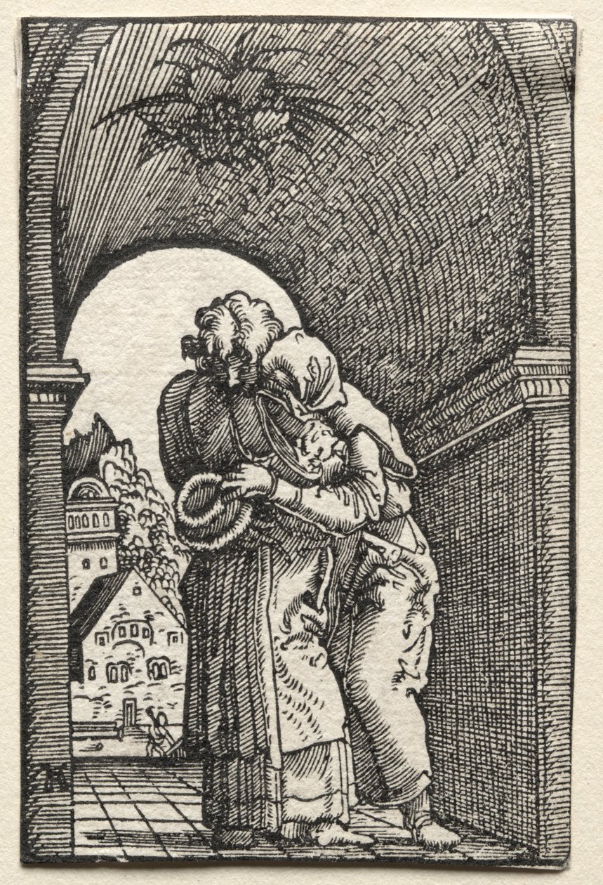 De Val en Verlossing van de Mens: De Omhelzing van Joachim en Anna bij de Gouden Poort door Albrecht Altdorfer