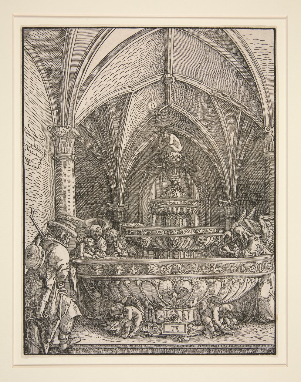De Heilige Familie op de vlucht naar Egypte bij een Fontein door Albrecht Altdorfer