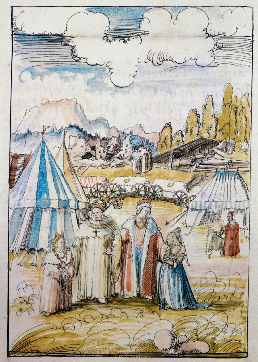 De toekomstige keizer Maximiliaan I, geleid door zijn vader Friedrich III, ontmoet zijn bruid, Maria van Bourgondië, in Neuss ... door Albrecht Altdorfer