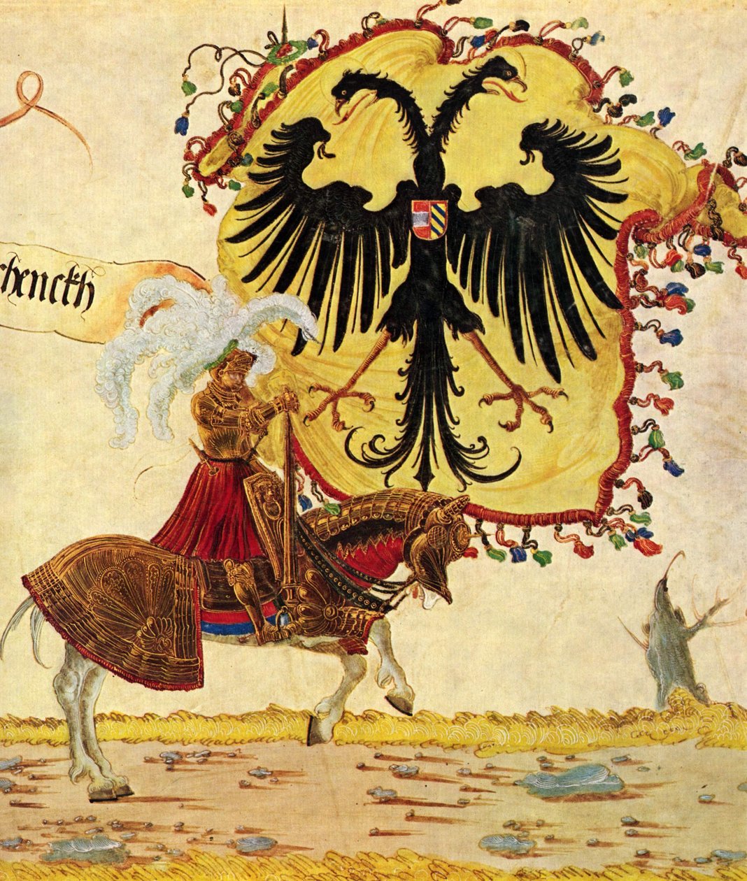 Triomfantelijke optocht van keizer Maximiliaan, scène: keizerlijke banier en zwaard, detail door Albrecht Altdorfer