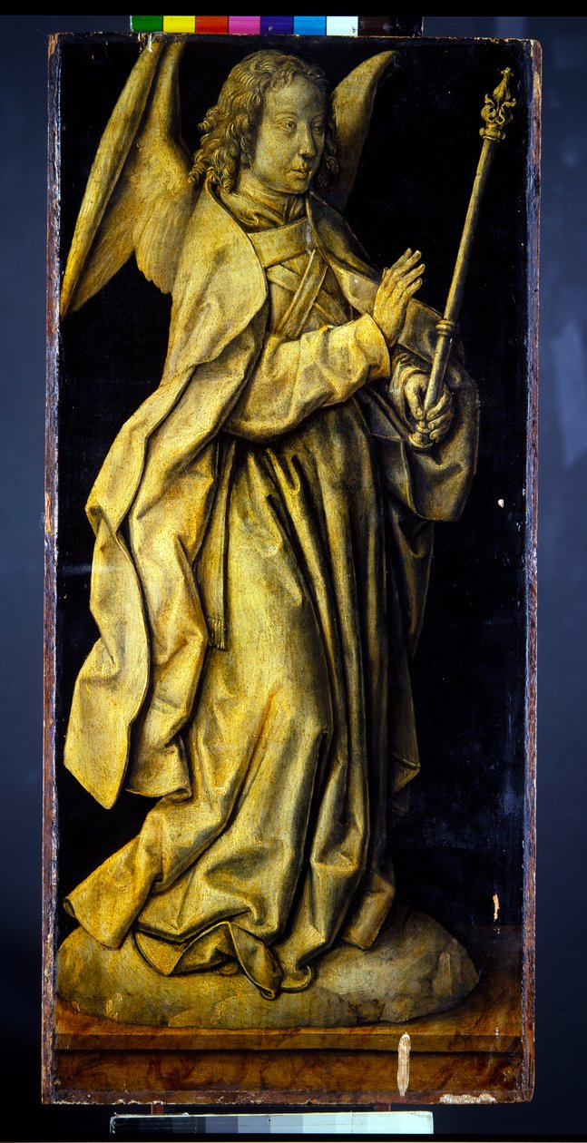 Voorheen de vleugels van een drieluik, een paar, vrouwelijke figuren die wijsheid en vrijgevigheid personifiëren, met de annunciatie (paneel; en grisaille verso) door Albrecht Bouts
