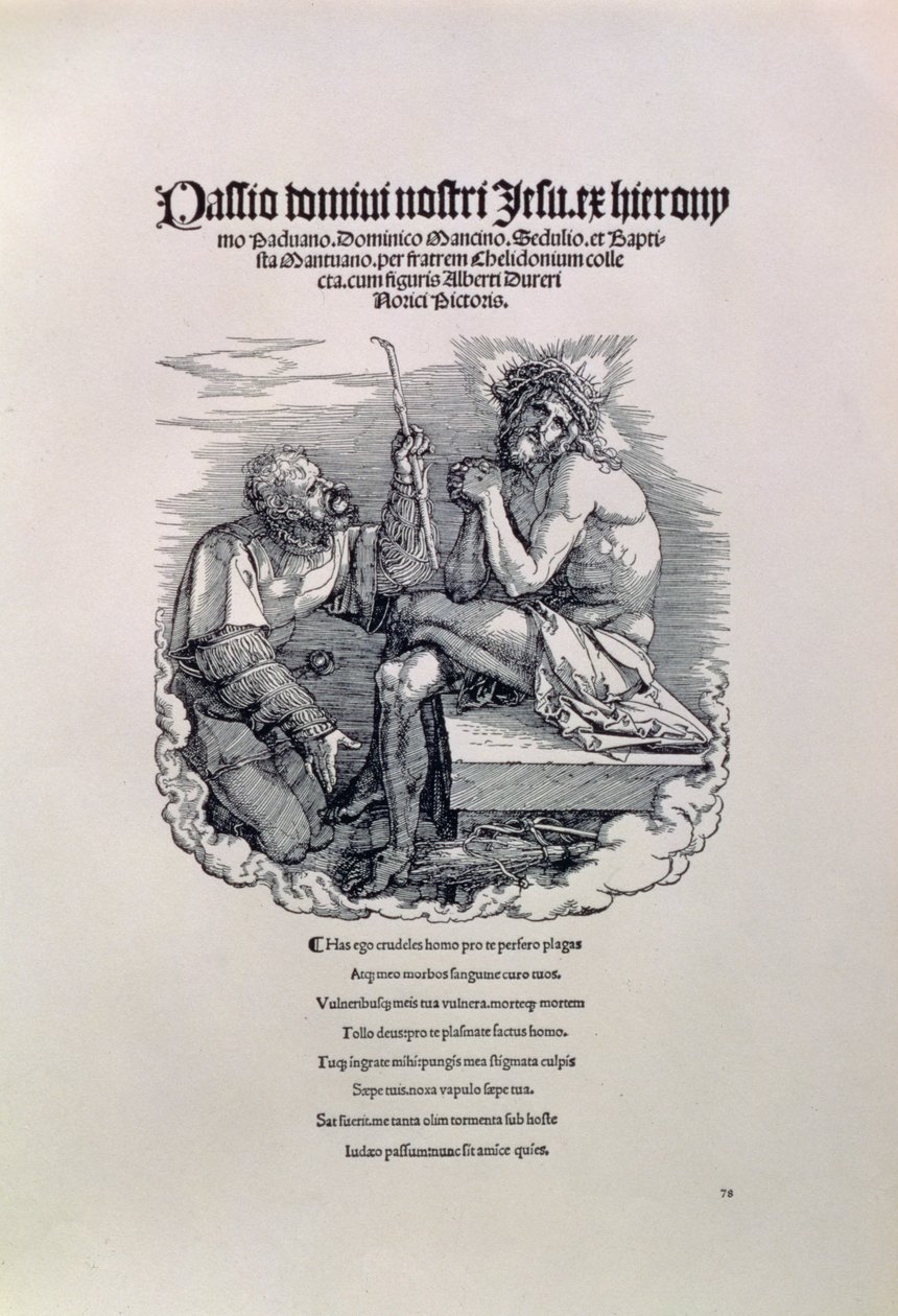 Een Romeinse soldaat bespot Christus, met de naam van de kunstenaar in het Latijn erboven, en daaronder een gedicht dat de mens berispt voor zijn zonden, titelpagina van de serie De Grote Passie, uitgegeven 1511 door Albrecht Dürer