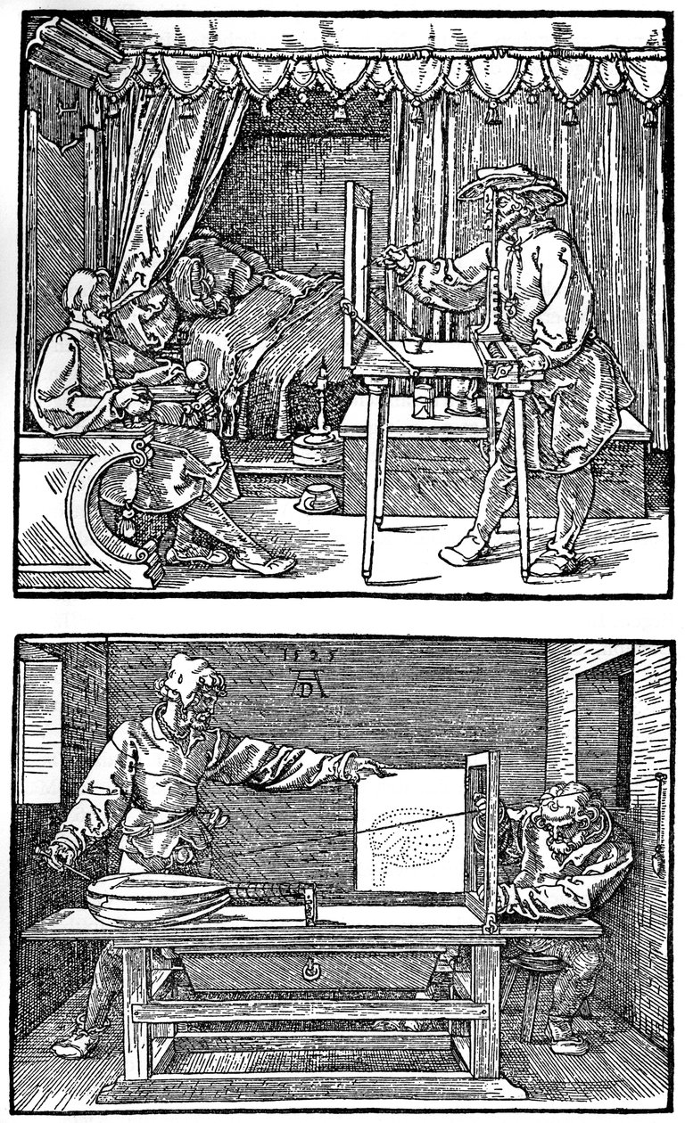 Apparaat voor het vertalen van driedimensionale objecten naar tweedimensionale tekeningen, 1525, 1936 door Albrecht Dürer