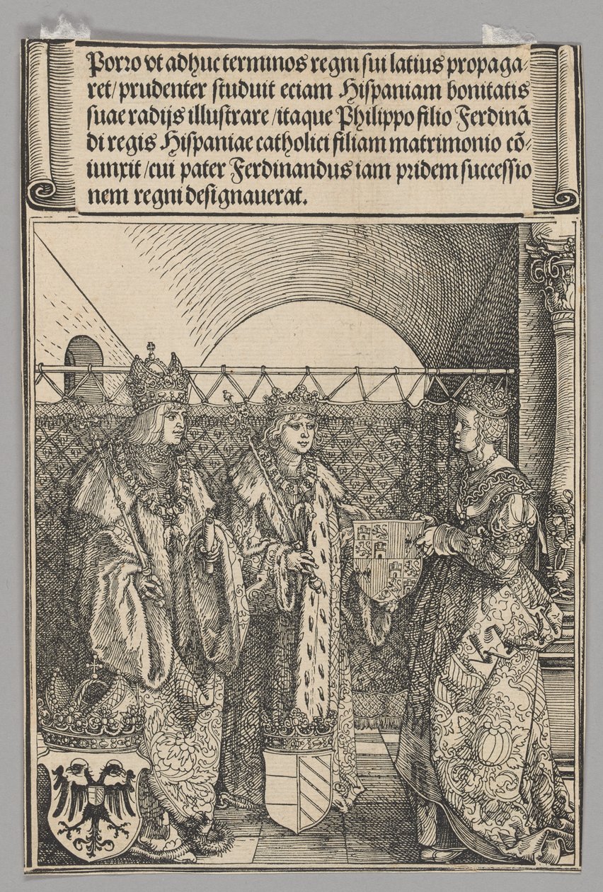 Verloving van Philipp met Johanna, plaat 15 uit Historische Scènes uit het Leven van Keizer Maximiliaan I van de Triomfboog door Albrecht Dürer
