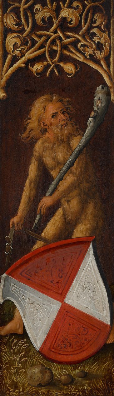 Bildnistriptychon des Oswolt Krel, rechter Flügel: "Wilder Mann" mit dem Wappen der Agathe von Esendorf door Albrecht Dürer